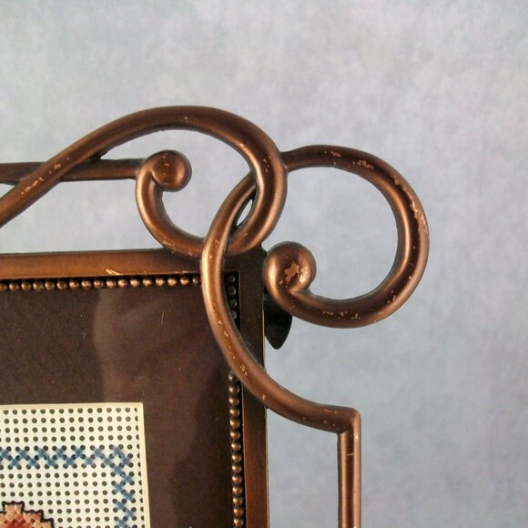 Cross Stitch Raggedy Ann Doll Antiqued Copper Openwork Scroll Metal Frame 7" x 9 - Picture 5 of 5